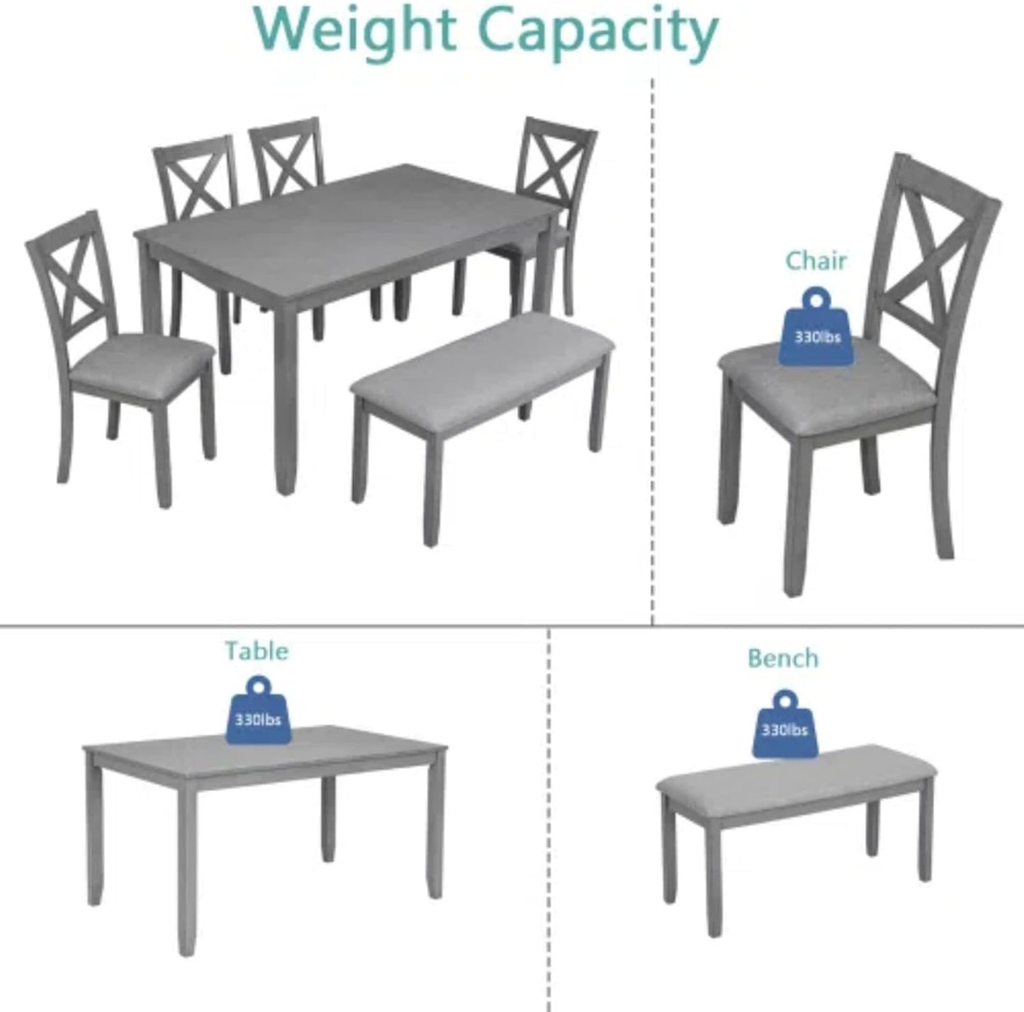 6-Piece Dining Table Set for 4-6 People, Kitchen Set with 4 Upholstered Chairs and One Bench, Living Room Chairs with X-Shape Backrest, Rectangular Wooden Table for Home Bar and Kitchen, Gray