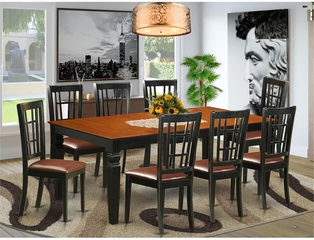 East West Furniture LGNI9-BCH-LC 9 Piece Modern Dining Table Set Includes a Rectangle Wooden Table with Butterfly Leaf and 8 Faux Leather Upholstered Chairs, 42x84 Inch, Black & Cherry