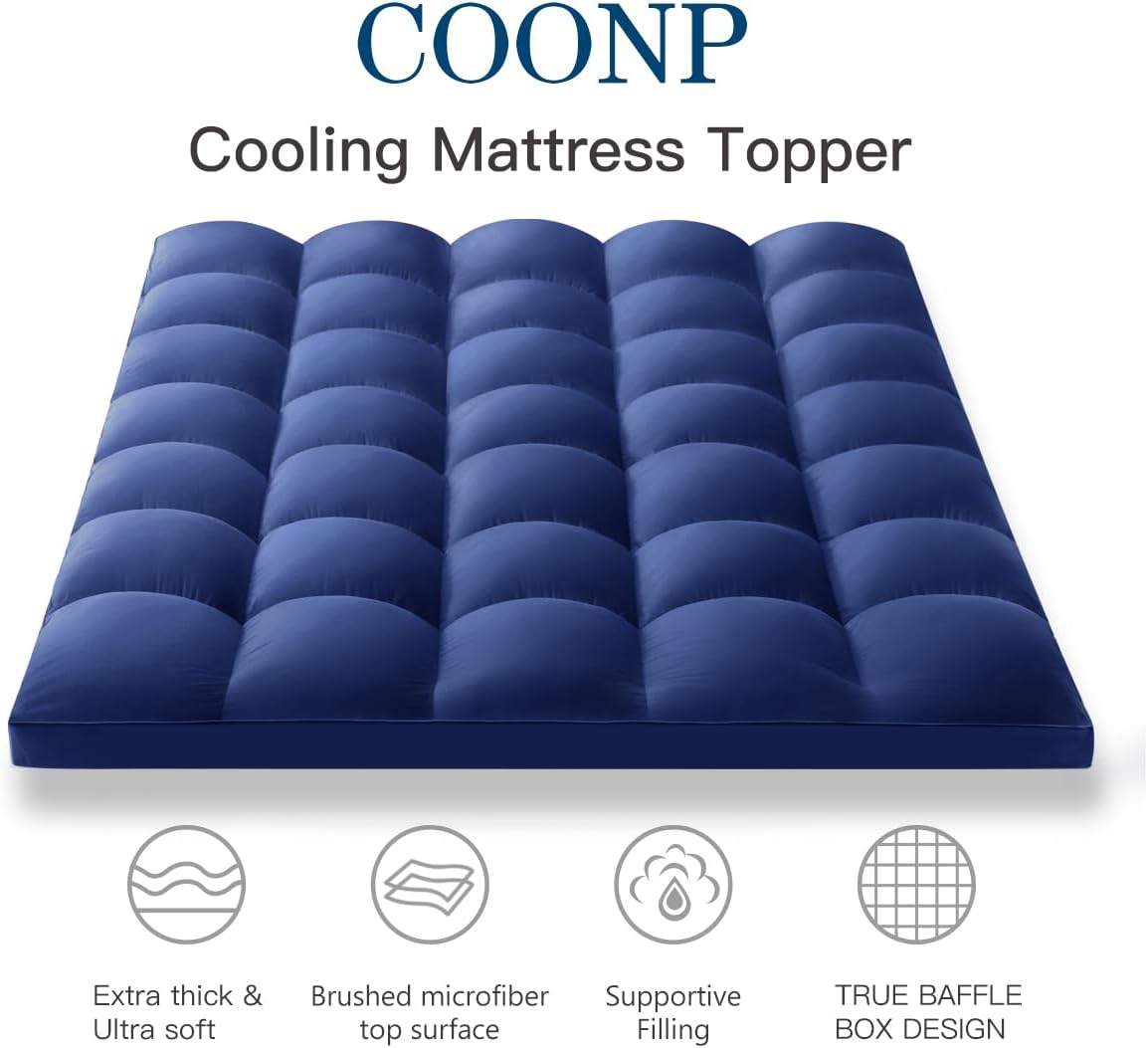 COONP Twin Mattress Topper, Extra Thick Pillowtop, Cooling Plush Mattress Pad Cover Bed Topper Protector with 8-21 Inch Deep Pocket (Navy Blue, Twin)