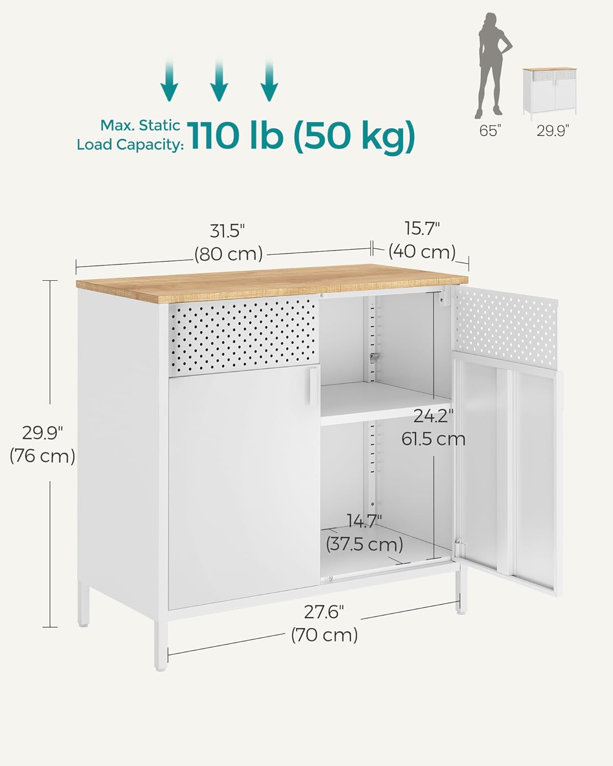 SONGMICS Storage Cabinet, Metal Cabinet, Sideboard with 2 Doors, 15.7 x 31.5 x 29.9 Inches, Magnetic Closure, Adjustable Shelf, Steel Frame, Natural Beige and White ULSC102W57