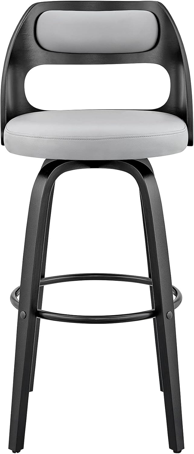Armen Living Julius Mid Century Modern Swivel Bar Stool for Kitchen Island Counter in Gray Faux Leather and Black Wood, 26" Seat Height
