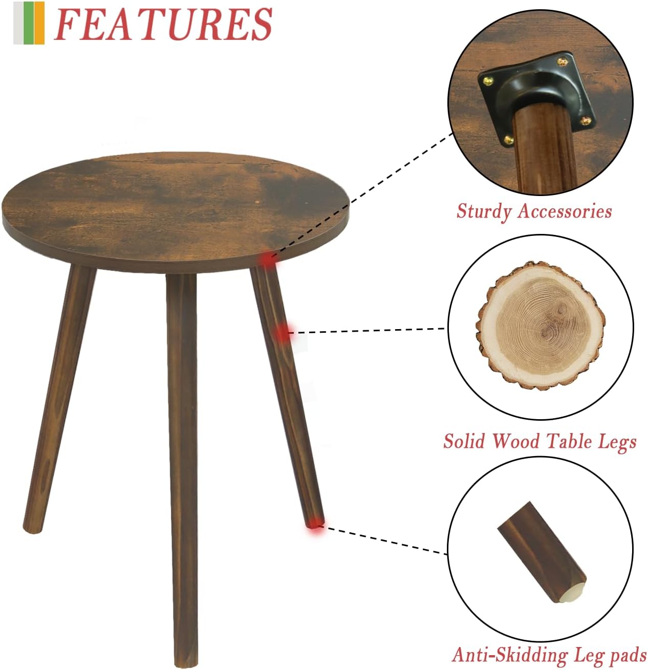 AWASEN Round Side Table, Small End Table for Living Room, Modern Wood Accent Coffee Side Table with Wood Legs for Small Space, Easy Assembly, Rustic Brown