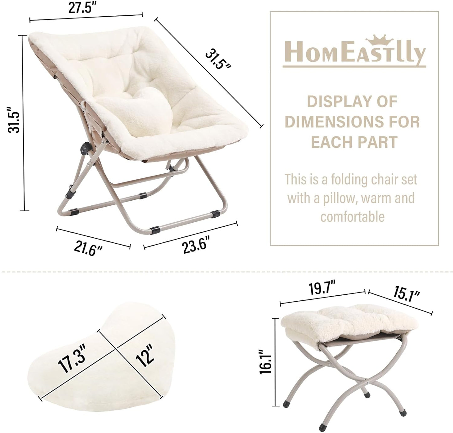 Saucer Chair with Ottoman, Comfy Oversized Folding Chair, Faux-Fur Reading Chair for Adults, Foldable Accent Lazy Chair, Metal Frame Lounge Chair for Living Room, Bedroom, Beige