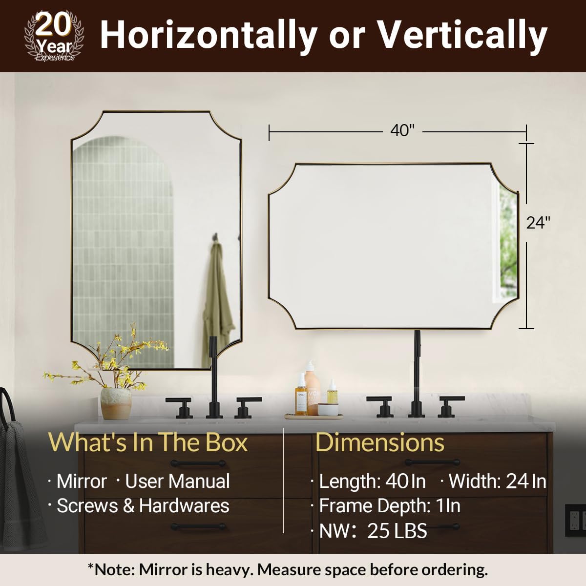 ANDY STAR 24x40 Matte Black Mirror, Scalloped Mirror for Bathroom, Black Vanity Mirror, Unique Rectangle Bathroom Mirror with Aesthetic Scalloped Edge Design Ideal for Home Decor