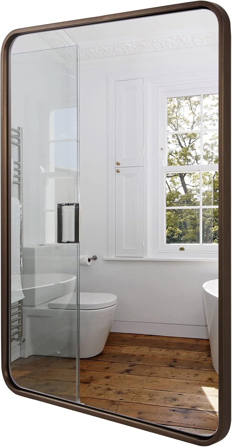 ANDY STAR Bronze Bathroom Mirror 30X40, Large Brushed Bronze Mirror for Wall, Rounded Rectangle Mirror Oil Rubbed Bronze, Bronze Vanity Mirrors in Metal Frame Hangs Horizontal Or Vertical