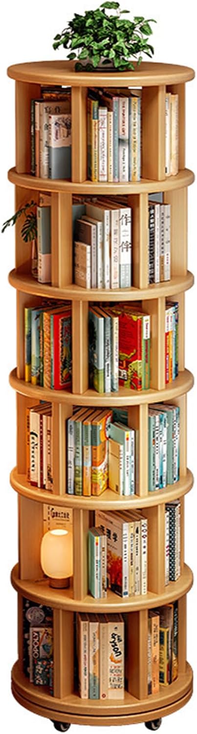 Wood Rotating Bookshelf on Wheels, 360-Degree Space Saving Bookcase, Large Capacity Spinning Bookshelf Tower for Living Room,Bedroom and Corners (Nature-6 Layers)