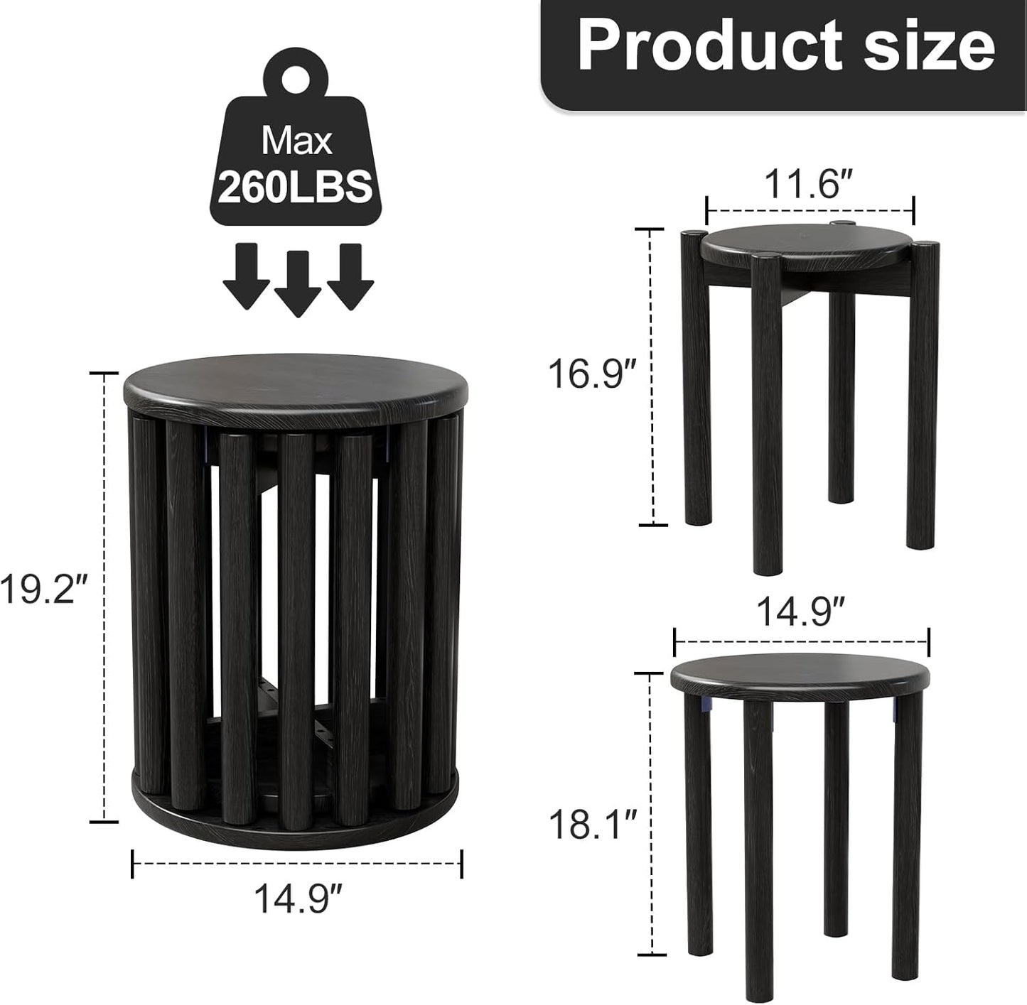 Stackable Stools Set of 4,Wood Stool,18 Inch Stool,Stacking Stools,Nesting Table,Sturdy and Durable,No Installation Required,Top Stackable Round Side Table (Black Barstool)