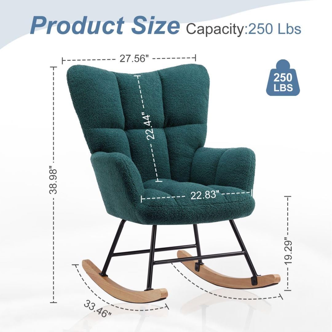 Nursery Rocking Chair, Boho Accent Ottoman, Teddy Upholstered Glider Rocker with High Backrest, Recliner Function and Foot Rest for Living Room, Small Spaces, Bedroom, Green