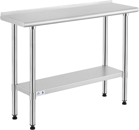 ROCKPOINT Stainless Steel Table for Prep & Work with Backsplash 14x48 Inches, NSF Metal Commercial Kitchen Heavy Duty Table with Adjustable Under Shelf and Table Foot for Restaurant, Home and Hotel