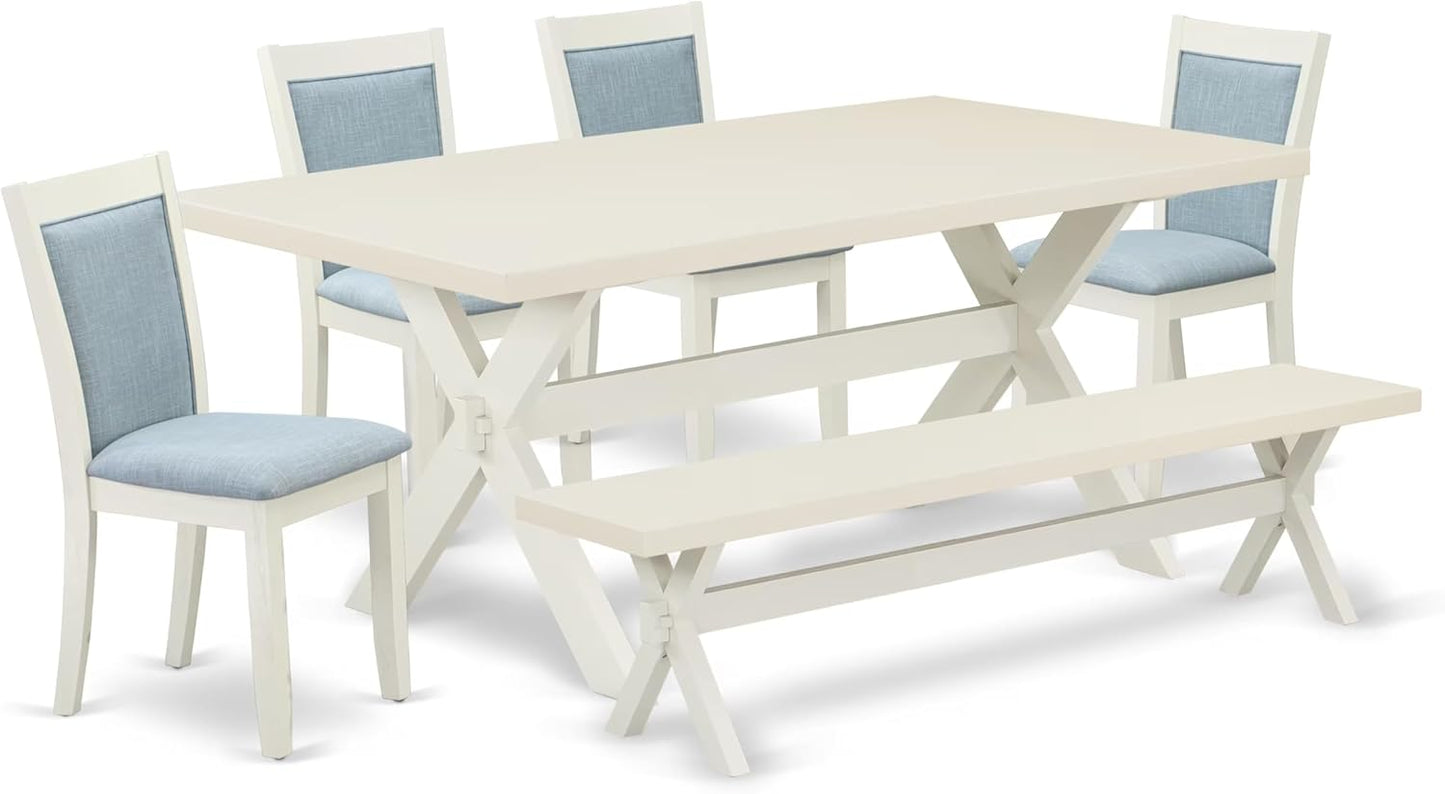 East West Furniture X027MZ015-6 6 Piece Kitchen Table Set Contains a Rectangle Dining Table with X-Legs and 4 Baby Blue Linen Fabric Parson Chairs with a Bench, 40x72 Inch, Multi-Color