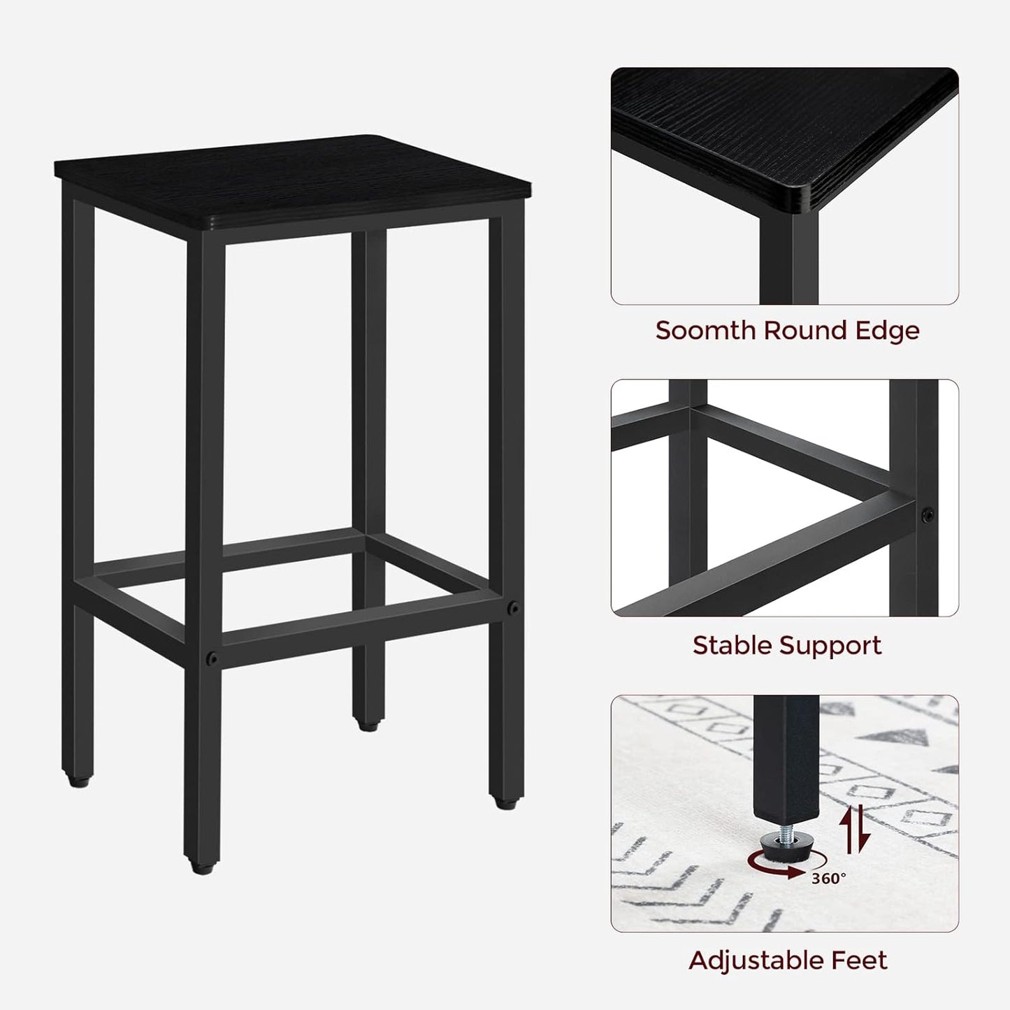 Bar Stools, Set of 2 Bar Chairs with Footrest, 2-Piece Dining Stools, 25.8-Inch Height, Rectangular Industrial Bar Stools, Strong Metal Frame, for Dining Room, Kitchen, Black BAHB0101