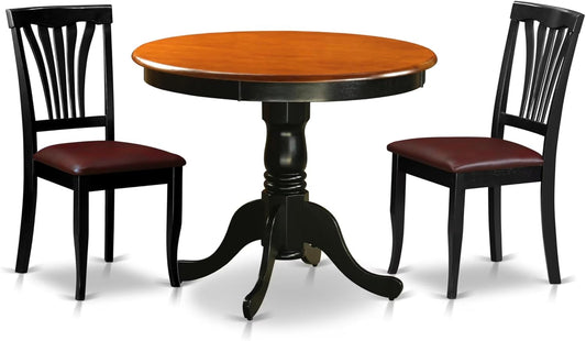 East West Furniture ANAV3-BLK-LC 3 Piece Dining Room Furniture Set Contains a Round Kitchen Table with Pedestal and 2 Faux Leather Upholstered Dining Chairs, 36x36 Inch, Black & Cherry