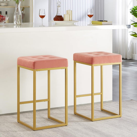 24KF Contemporary Counter Height Bar Stool Set of 2 for Kitchen Island, 26" H Velvet Padded Gold Barstool Bar Chair,5066-Blush