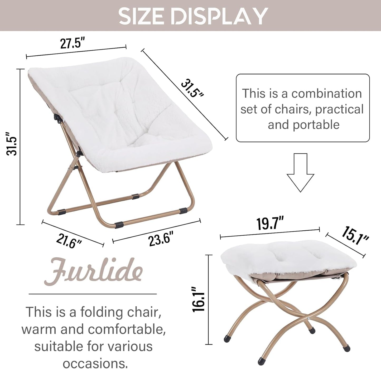 Saucer Chair with Ottoman, Comfy Bedroom & Living Room Chairs, Foldable Metal Frame Chair (White)