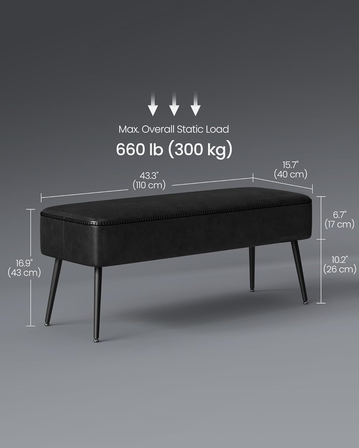 VASAGLE EKHO Collection - Bench for Entryway Bedroom, Synthetic Leather with Stitching, Ottoman Bench with Steel Legs, Living Dining Room, Mid-Century Modern, Loads 660 lb, Ink Black ULOM076B01