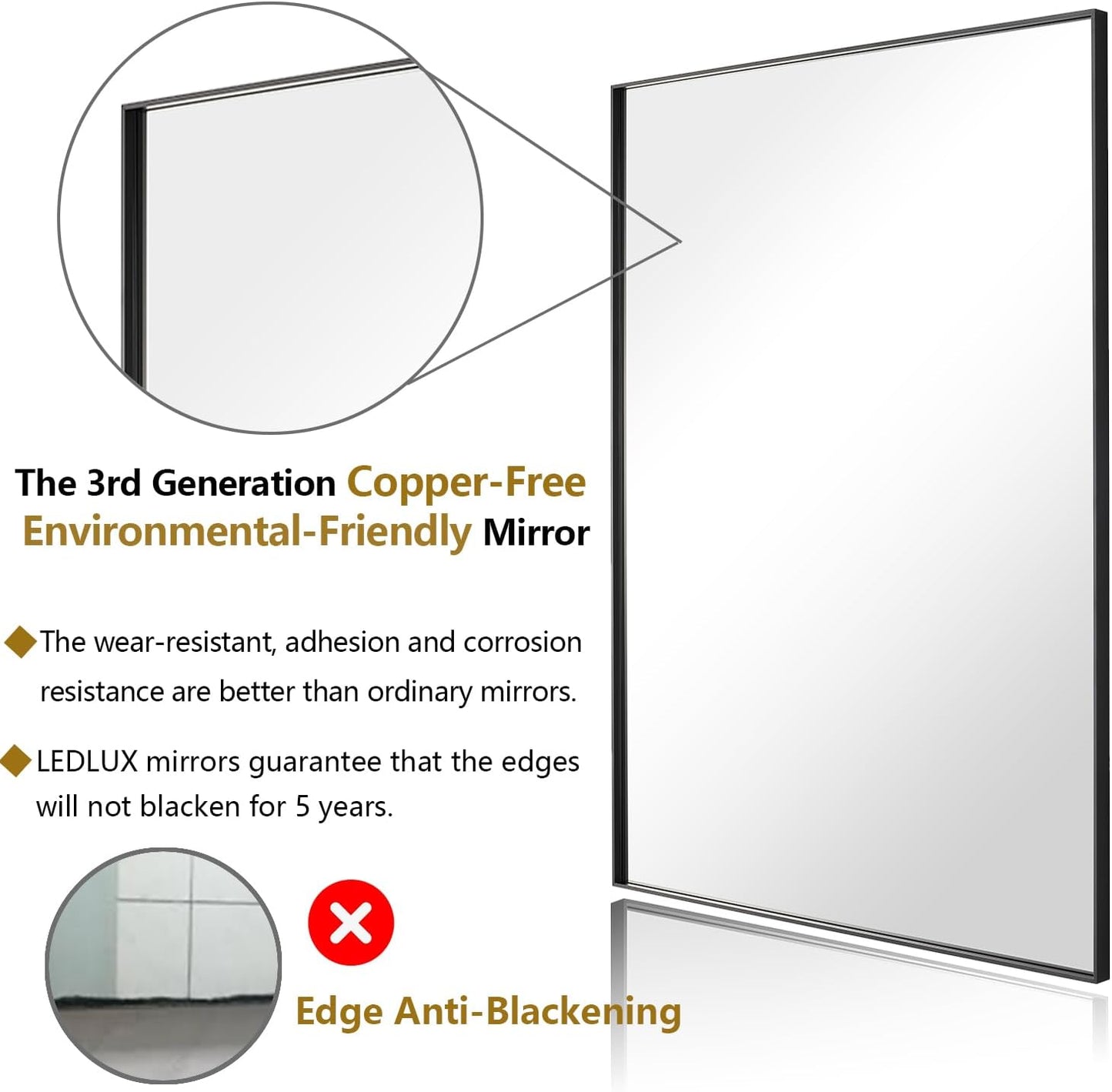 30x48 Inch Black Bathroom Mirror, Copper-Free Mirror, Aluminum Alloy Frame Vanity Mirror, Rectangle Wall Mounted Mirror, Modern Mirror for Bedroom/Living Room/Porch Horizontal or Vertical