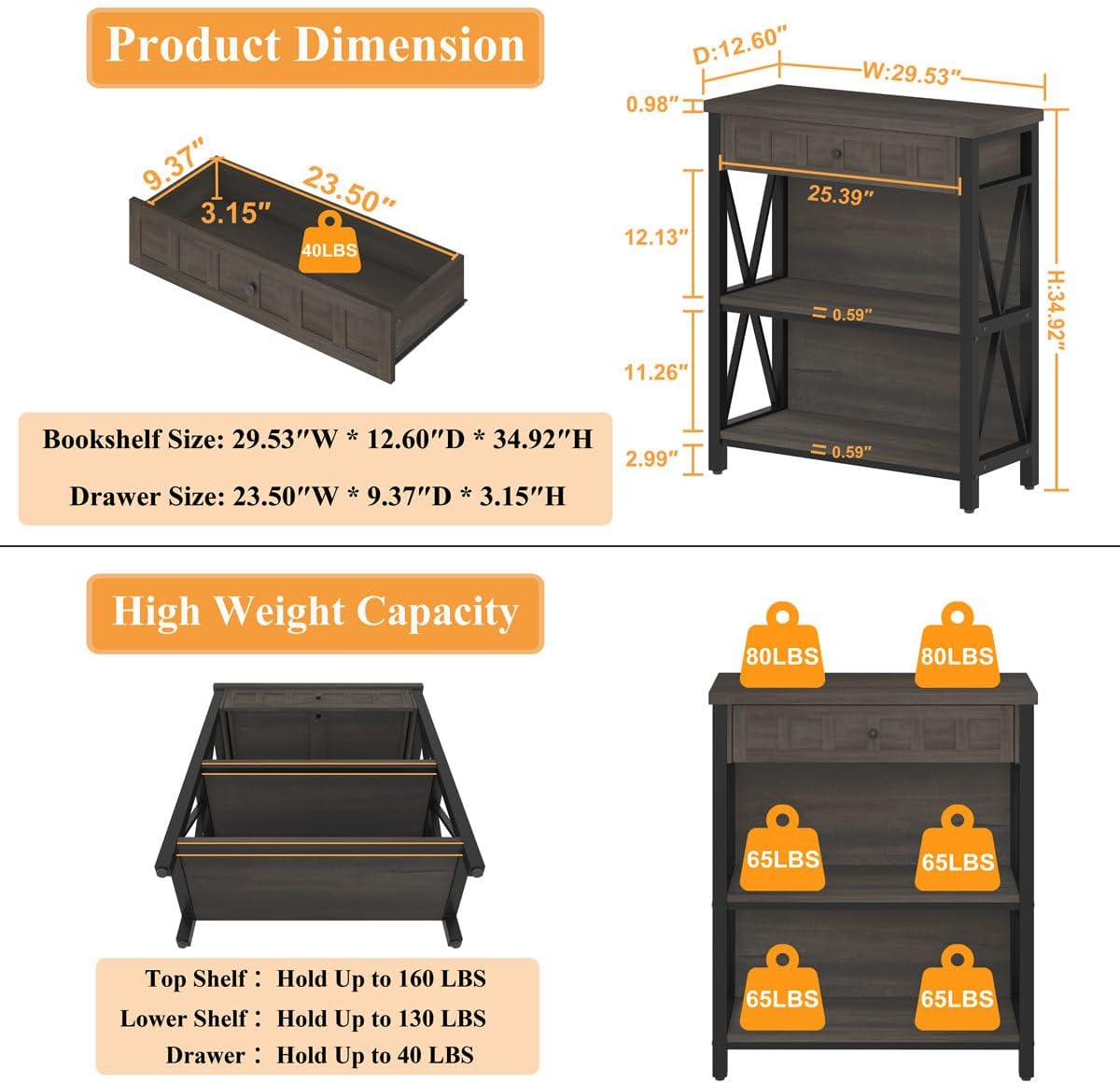 FATORRI Rustic Small Bookshelf, Industrial Wood Book Shelf with Drawer, 3 Shelf Bookcase for Small Space, Low Book case for Living Room, Home Office (Walnut Brown)