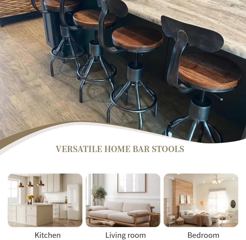 LOKKHAN Set of 2 Rustic Industrial Bar Stool-24-30 Adjustable Metal Swivel Wooden Top Barstools-Counter Height Extra Tall Bar Height-Vintage Farmhouse Kitchen Breakfast Cafe Stool-with Backrest