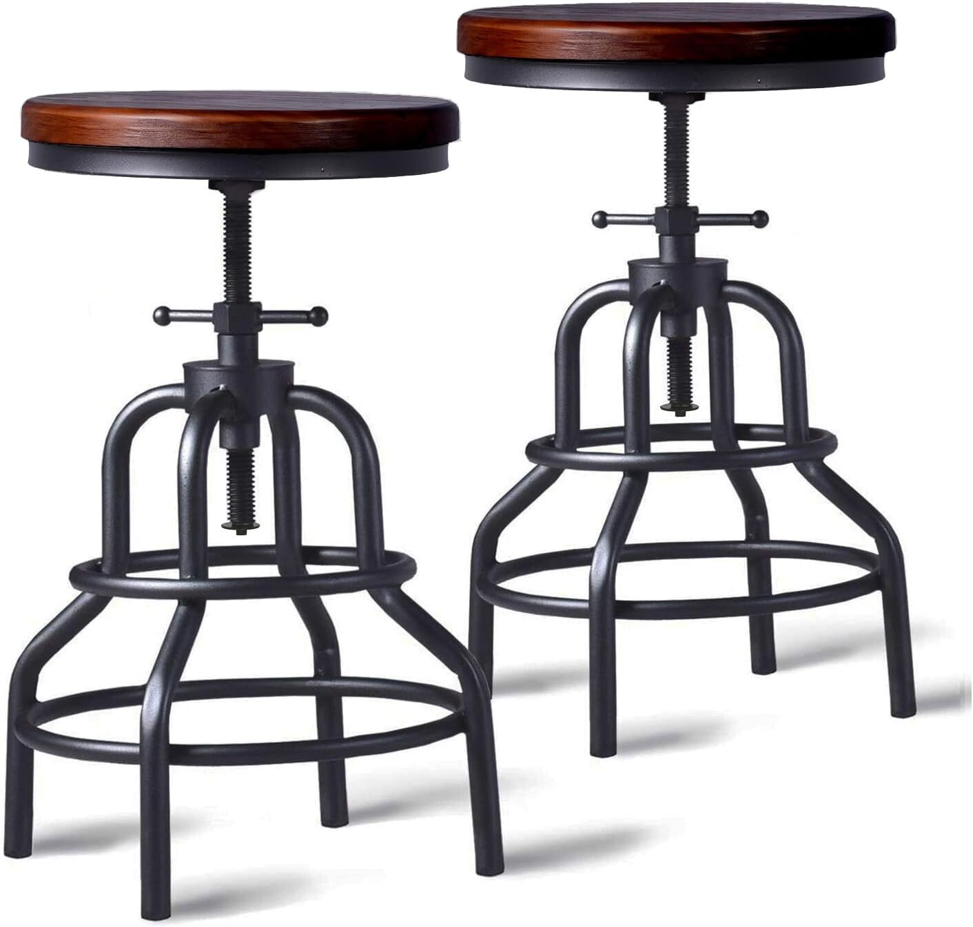 LOKKHAN Vintage Industrial Bar Stool - Rustic Swivel - Round Wood Metal - Kitchen Counter Height Adjustable - Pipe Stool - Cast Steel - 20-27 Inch (Set of 2)