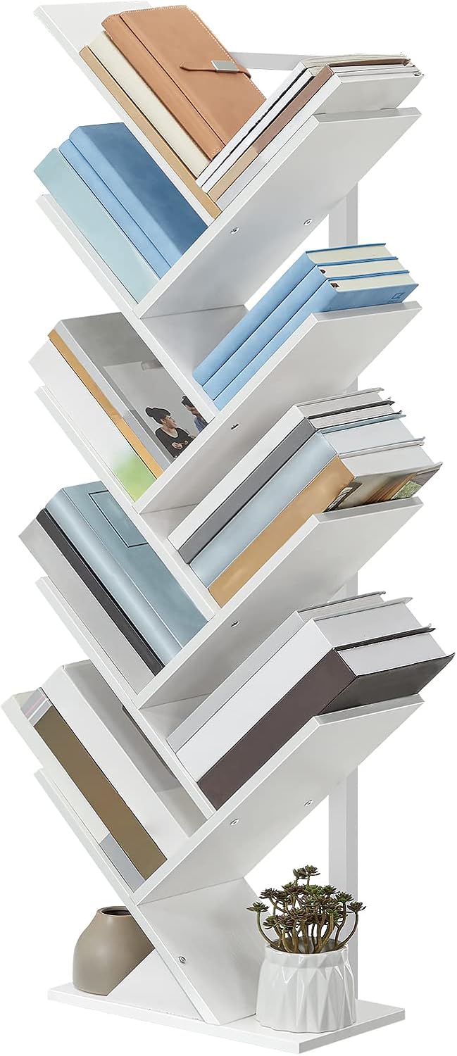 HOOBRO Tree Bookshelf, 9-Tier Bookcase Wooden Shelves, Floor Standing Storage Rack, for Display of CDs, Books in Living Room, Home Office, Wood Storage Rack for Bedroom, White WT08SJ01G1