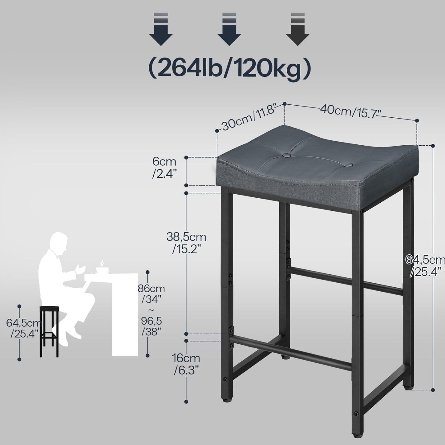 HOOBRO Barstools,25.4" Saddle Stools with PU Upholstery, Counter Height Stools with Footrest, Kitchen Breakfast Chairs, for Dining Room, Cafe, Bar, Gray and Black BGZ23BY01
