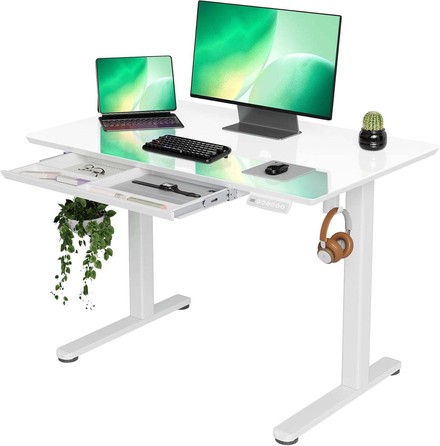 INNOVAR Glass Standing Desk with Drawers, 40×24 Inch Adjustable Stand Up Desk Quick Install Home Office Computer Desk, Super White