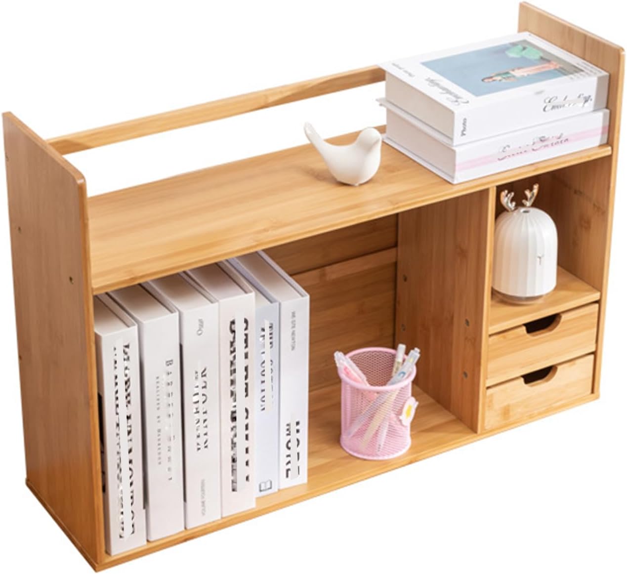 Bamboo Desktop Bookshelf, Small Bookcase for Students on The Desk, Simple Office Desk Bookshelf Organizer, Natural Bamboo Desktop Organizer,Ideal Gift for Family & Friends22.83x7.48x18.11in