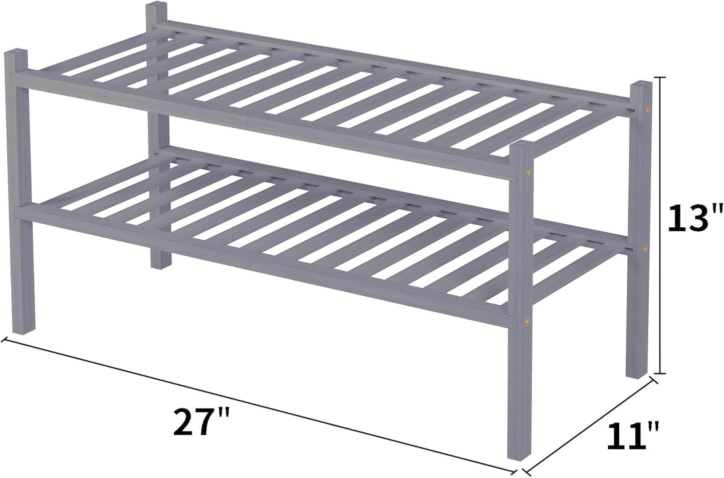 2 Tier Bamboo Shoe Rack for Closet Free Standing Wood Shoe Shelf for Entryway Small Space Stackable 27"x11"x13" (Grey)