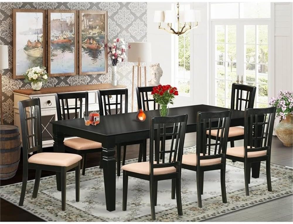 East West Furniture LGNI9-BLK-C 9 Piece Dining Room Furniture Set Includes a Rectangle Kitchen Table with Butterfly Leaf and 8 Linen Fabric Upholstered Chairs, 42x84 Inch, Black