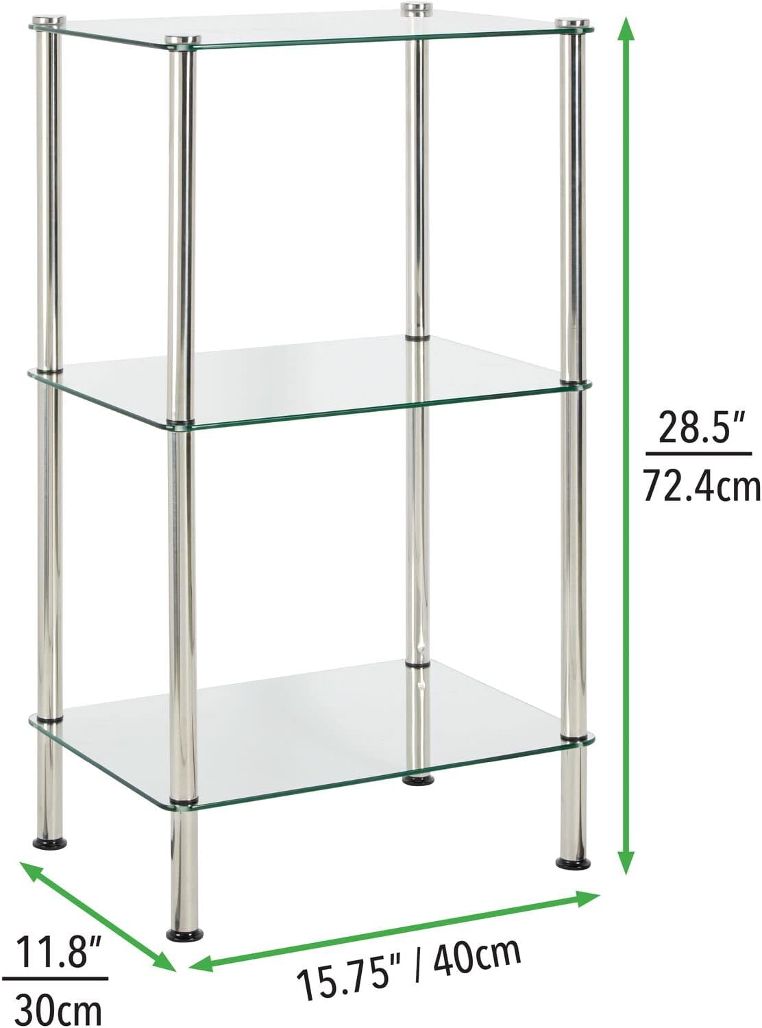 mDesign Metal/Glass 3-Tier Storage Tower, Narrow Shelving Display Unit, Open Glass Shelves; Multi-Use Stand for Living Room, Bathroom, Home Office, Hallway, Bedroom Organization - Chrome/Clear