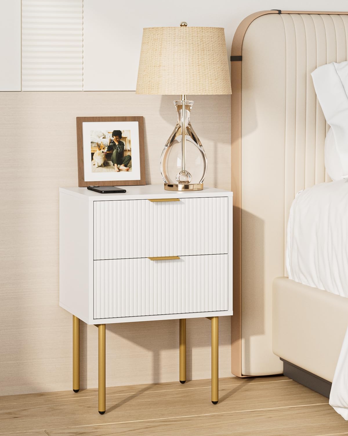 Nightstand,Morden Bedside Table with Gold Frame,Small White Night Stand,End Table,Bedside Furniture,Side Table with Drawer and Shelf for Bedroom,Living Room (2Drawers, White.)