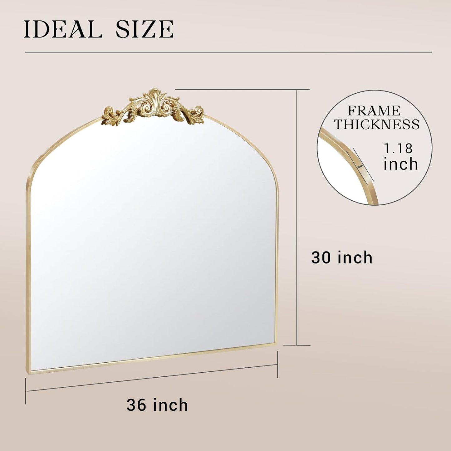 MISSDAY Vintage Retro Gold Baroque Mirror for Wall, 36"X30" Arched Antique Wall Mirror with Elegant Carving Top, Full Metal Frame Wall-Mounted Mirror for Bathroom, Living Room, Fireplace, Entryway