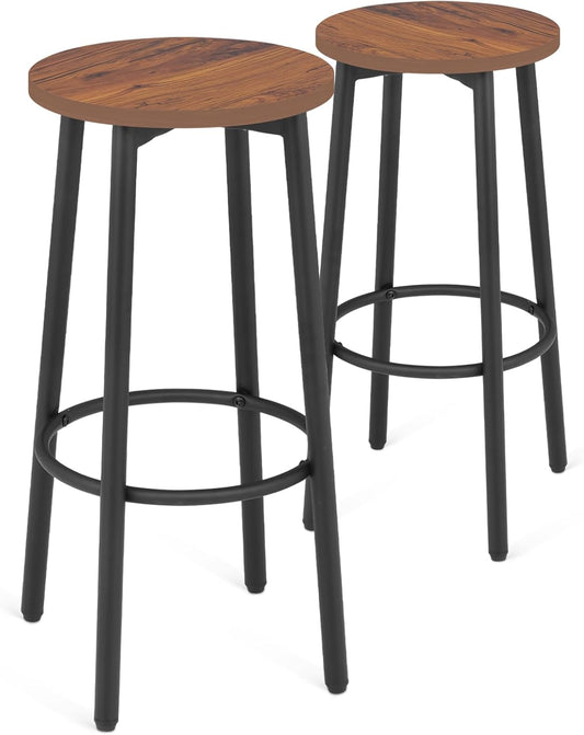Athena Collection Bar Stools Set of 2, 25.5 Inches Round Counter Height Bar Stools Backless with Metal Legs and Footrest, Wood Barstools for Home, Kitchen Island, Counter, Brown