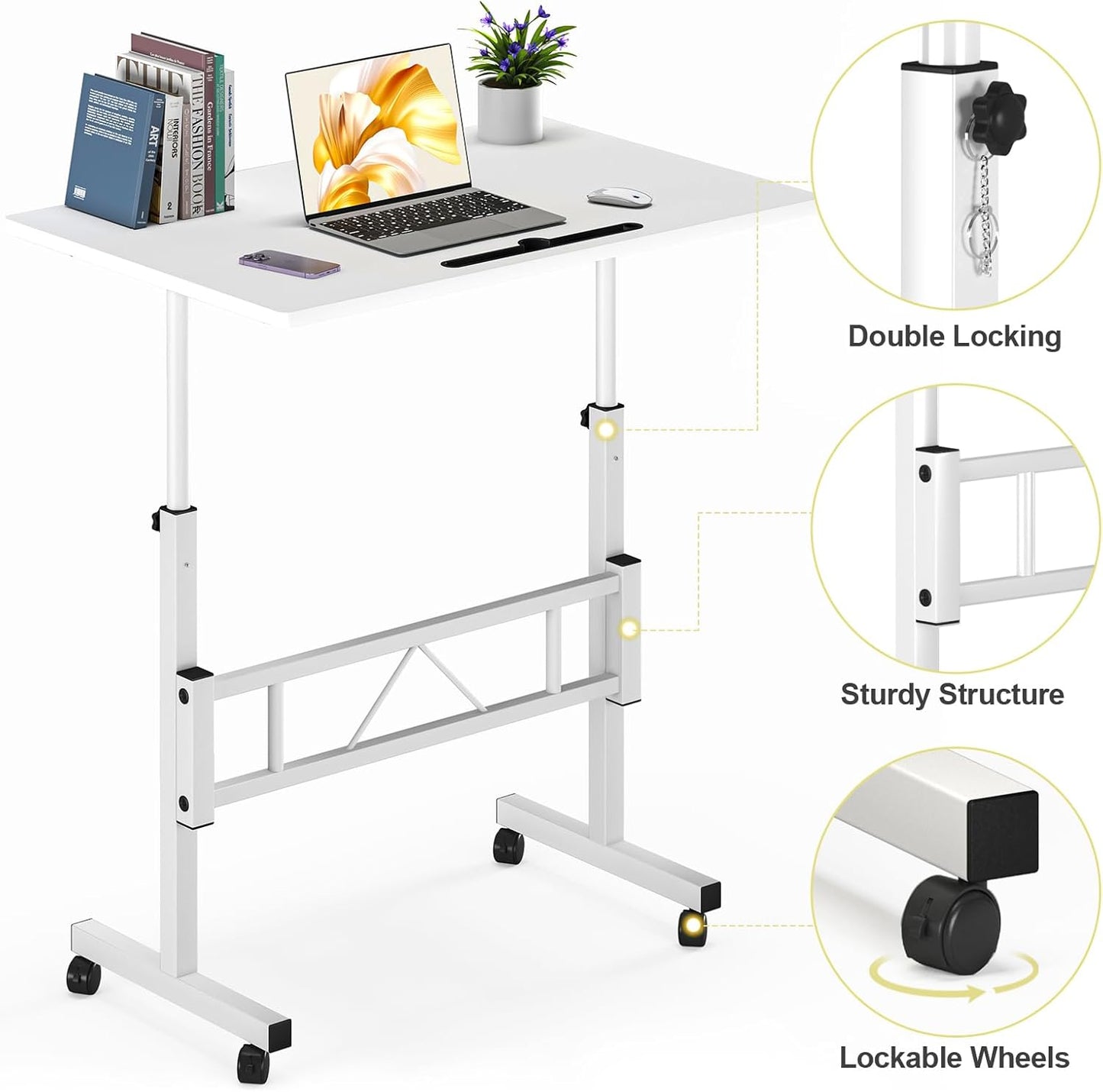 Small Standing Desk Adjustable Height, Portable Treadmill Desk, Mobile Table Ideal for Laptops and Tablets,White