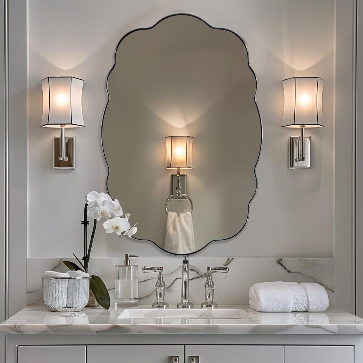 ANDY STAR Chrome Vintage Scalloped Mirror - 24x36 Inch Retro Bathroom Mirror, Unique Irregular Oval Wavy Mirror with Heavy Duty Metal Frame