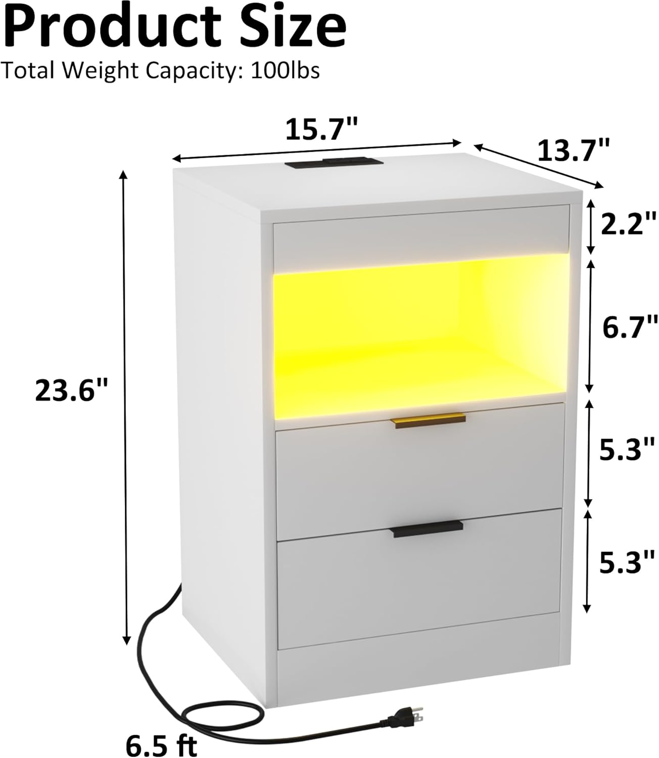 Gadroad LED Nightstand with Charging Station, Bedside Table with 3 Drawers and LED Lights, End Table Sofa Couch Side Table with Pull-Out Shelf, White