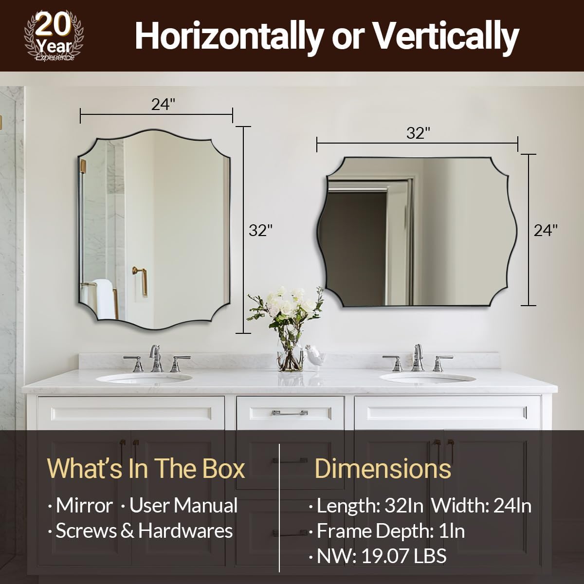 ANDY STAR Chrome Bathroom Mirror for Wall, 24x32 Inch Polished Chrome Mirror, Bathroom Mirror for Over Sink, Irregular Wall Mirror in Thin Stainless Steel Frame Deep 1’’, Wave Inspired Style