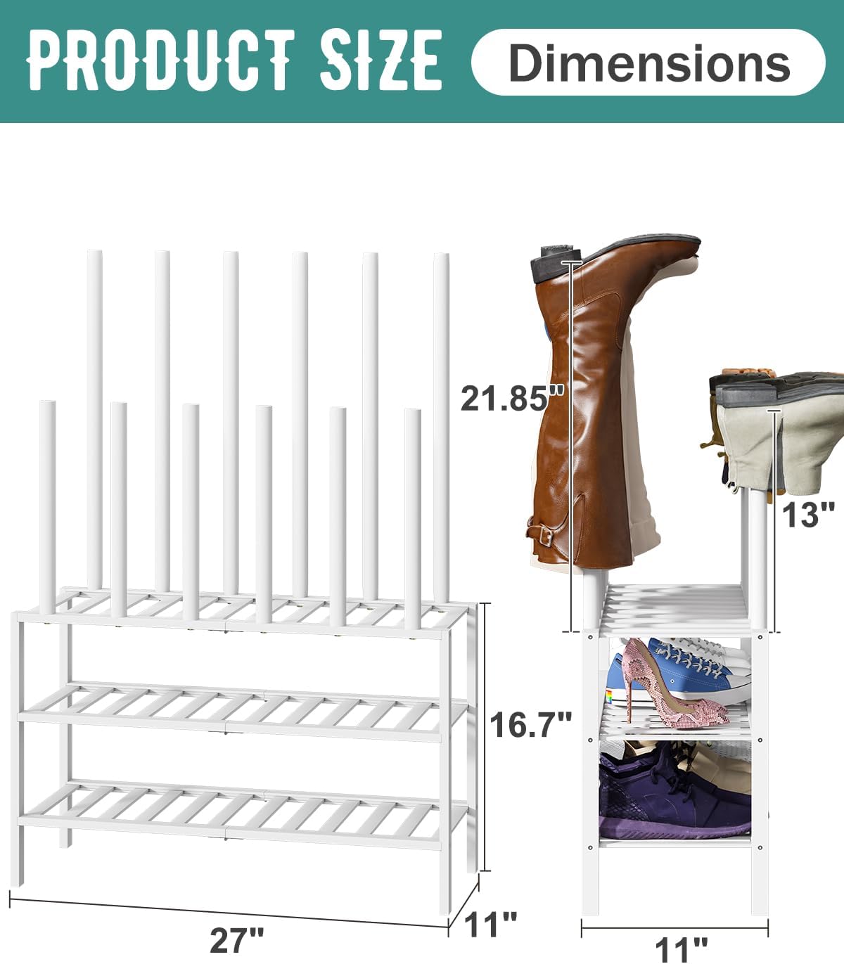 White Boot Rack, Boot Rack Organizer Tall Boots with Shoe Rack for Closet, Bamboo Wood Shoe Shelf Storage Organizer for Entryway