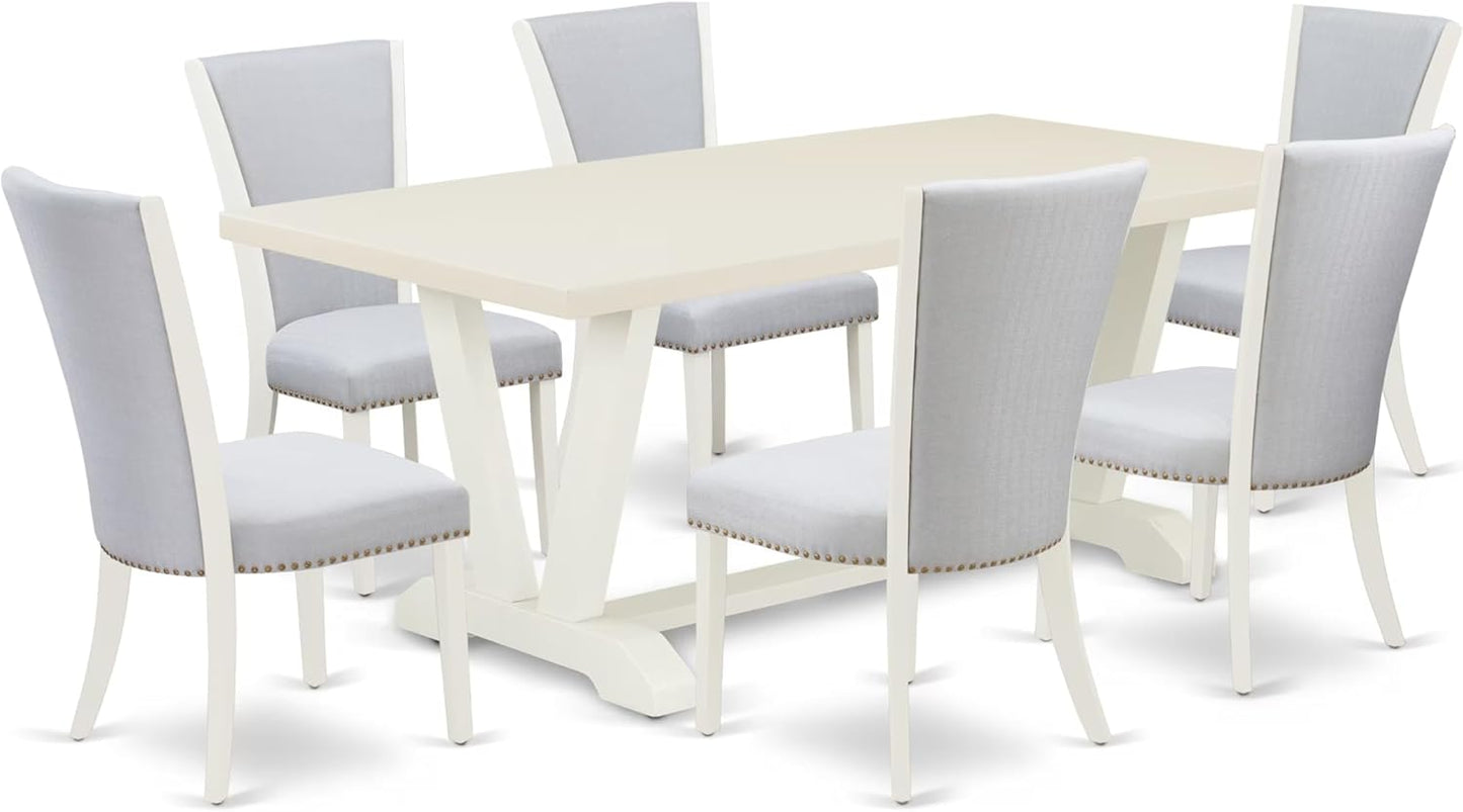 East West Furniture V027VE005-7 7 Piece Dining Set Consist of a Rectangle Dining Room Table with V-Legs and 6 Grey Linen Fabric Upholstered Parson Chairs, 40x72 Inch, Multi-Color