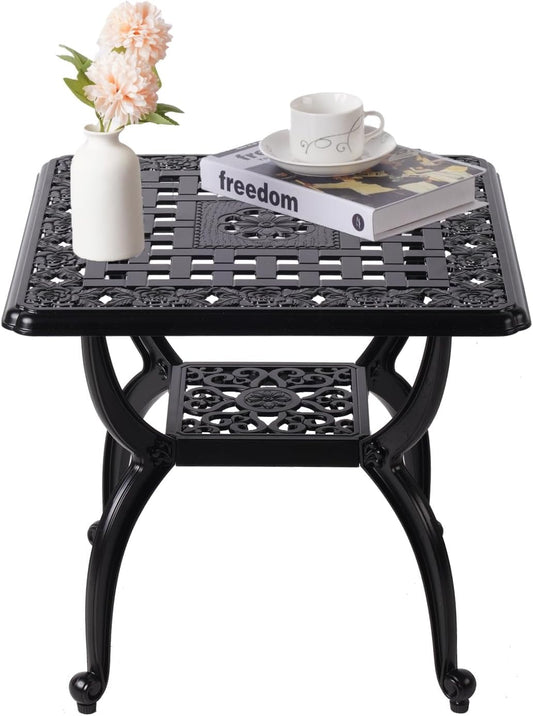 Cast Aluminum Outdoor Side Table,Small Patio Table,Outdoor Coffee Tables for Patio,Garden,Balcony, for All Weather (Black, Square)
