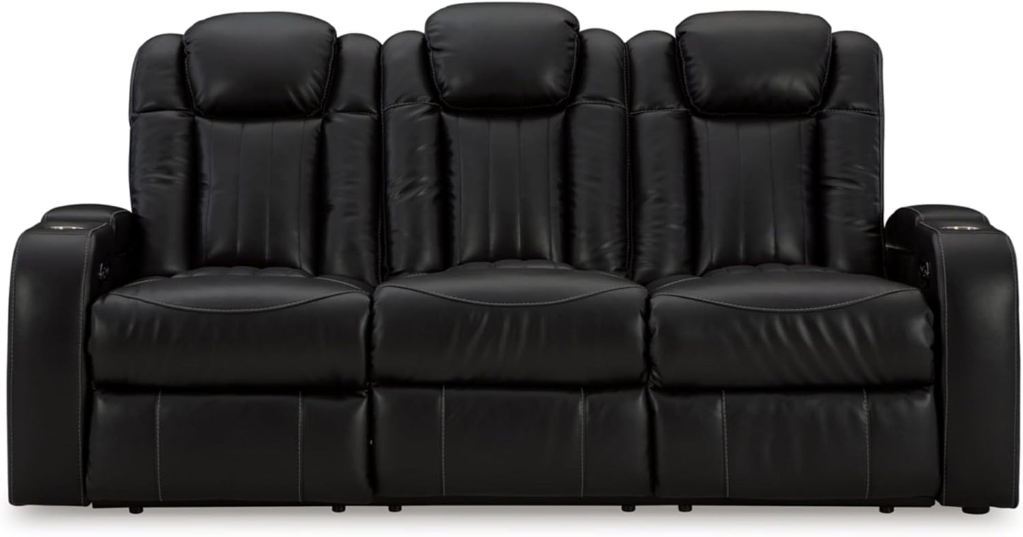 Signature Design by Ashley Caveman Den Modern Faux Leather Power Reclining Sofa with Adjustable Headrest, Drop Down Table, Electrical Outlets and LED Reading Lights, Black