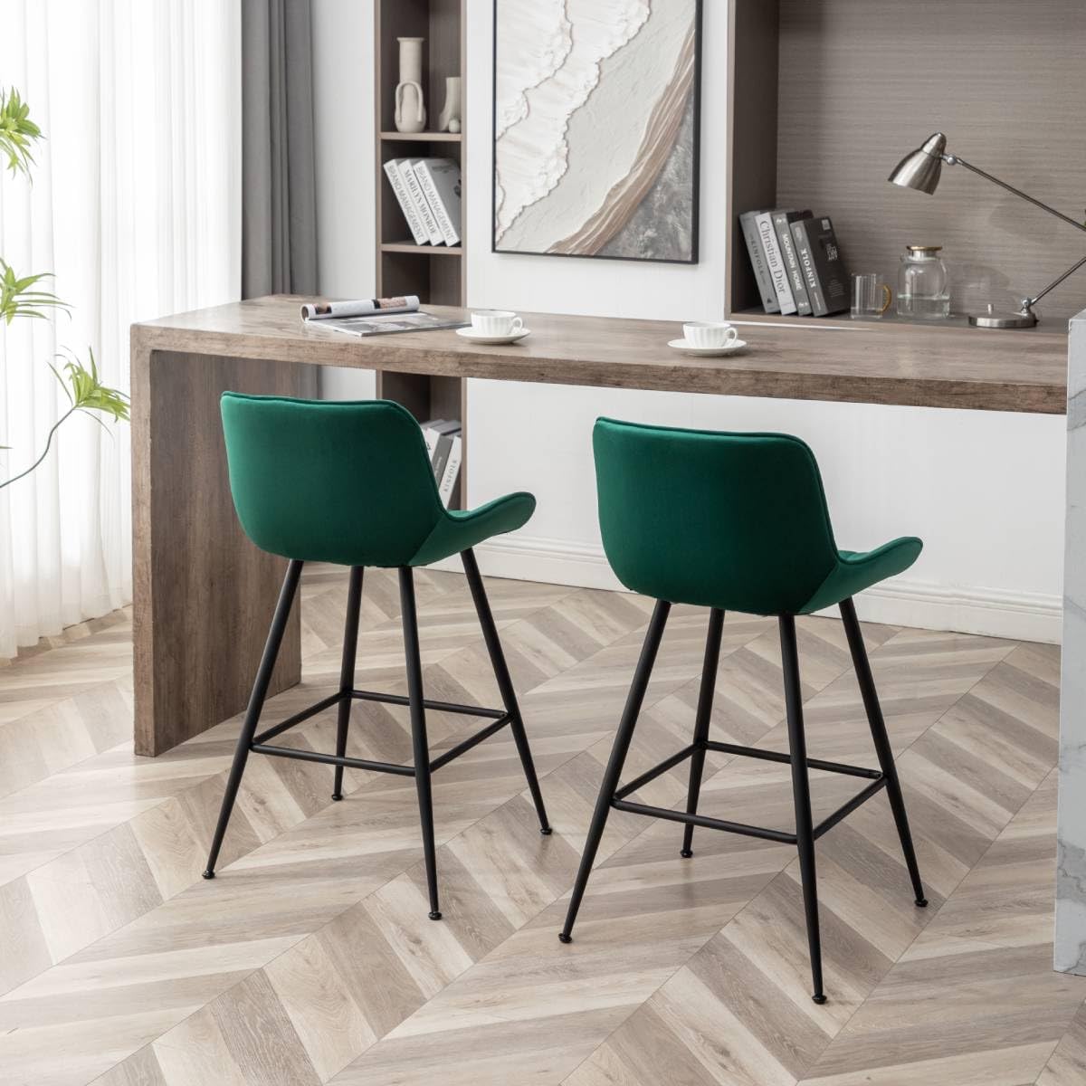 24 Inches Velvet Upholstered Island Stools, Bartools Set of 2, Fabric Counter Stools with Back, Counter Height Bar Chairs with Black Legs for Home Kitchen Island, Green.