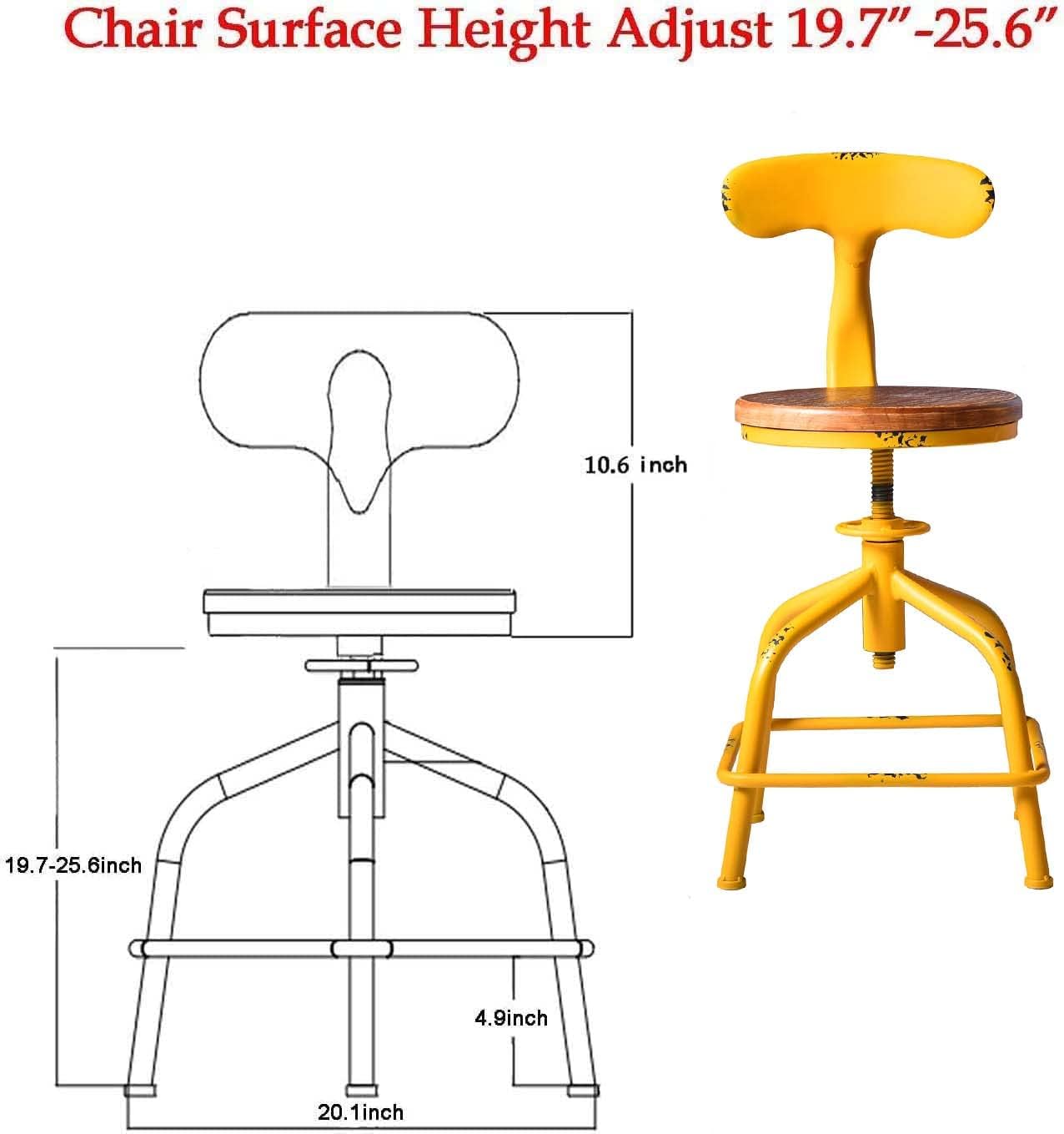 Topower Farmhouse Kitchen Stool, Industrial Counter Stool, Kitchen Deco Round Seat Standard Height Adjustable Swivel Bar Stools with Backrest Indoor House Design Iron Backrest Antique Yellow Set of 2