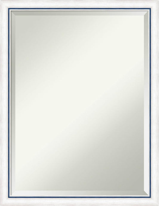 Amanti Art White Bathroom Mirror for Over Sink, 26x20 Morgan White Blue Rectangle Vanity Mirror, Medium Modern Contemporary Wood Frame, Hangs Horizonally and Vertically, Bathroom Wall Decor, Beveled