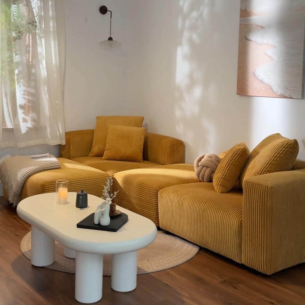 Acanva Corduroy Convertible Modular L Shaped Sectional Sofa, 4 Seater Free Combination Corner Couch, Convertible to DayBed, Wide Loveseat with Moveable Ottomans for Small Spaces, Sleeper Bed, Yellow