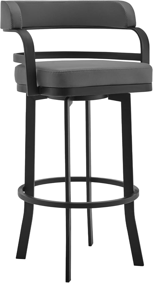 Armen Living Prinz Modern 26" Seat Height Gray Faux Leather and Black Steel Metal Swivel Bar Stool for Kitchen Island Counter