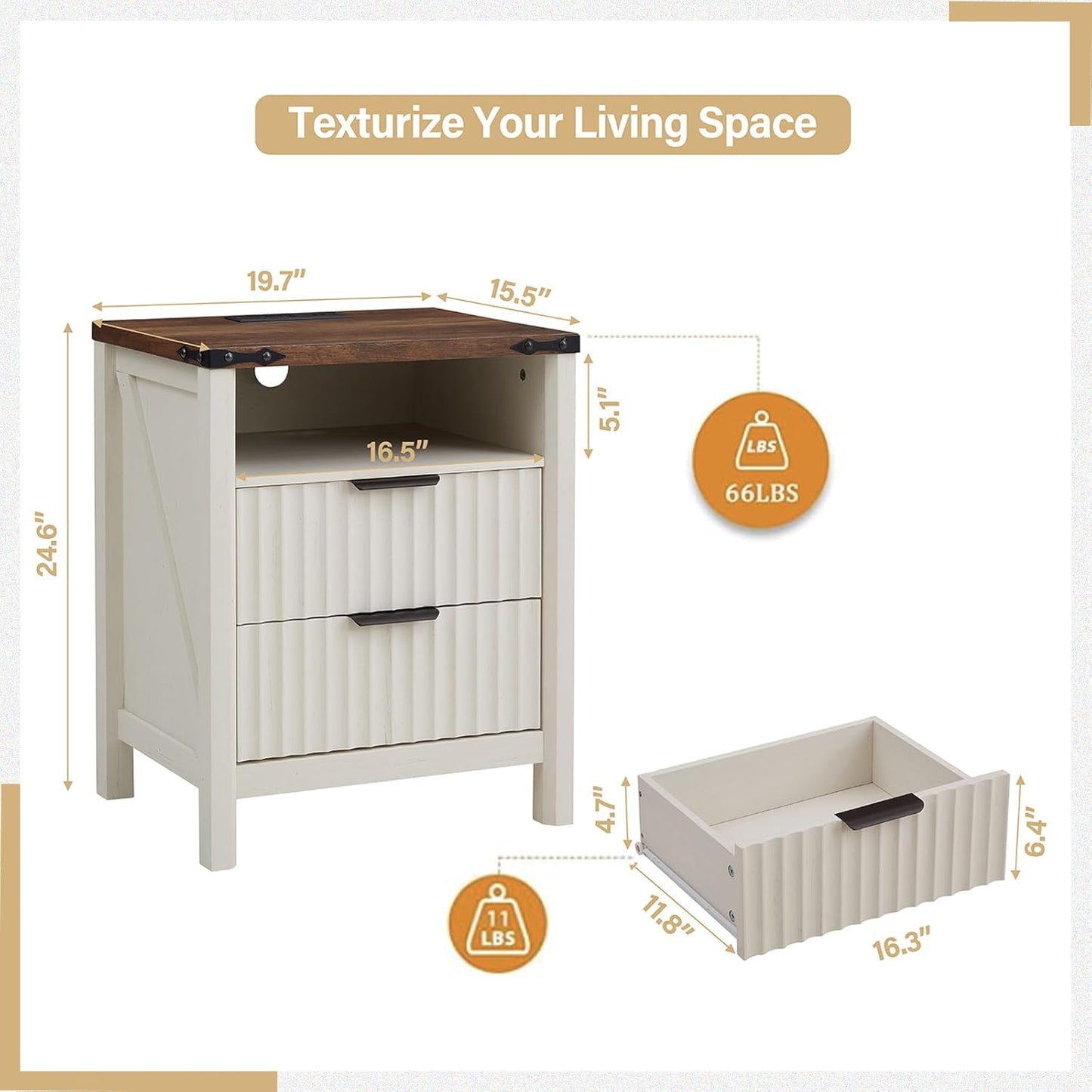 Antique White Night Stand with Charging Station - 20 Inch Farmhouse Fluted Bedside Table with 2 Drawers, Modern Wood End Side Table for Bedroom Home Study Storage