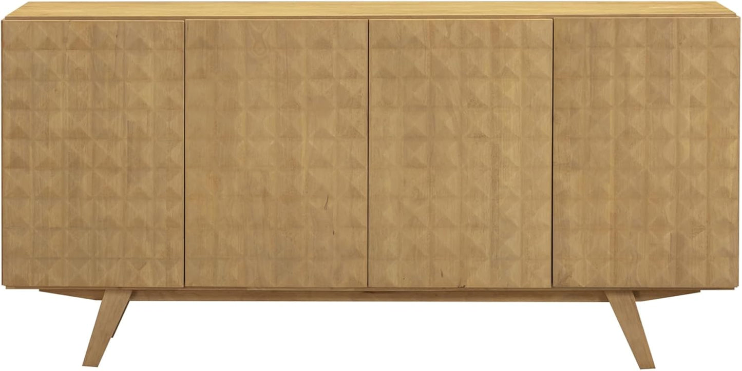 NTC Sapa Mid-Century Modern Solid Wood Sideboard – 4-Door Accent Buffet Cabinet with Carved Geometric Fronts, for Living Room, Dining Room, or Entryway, Effortless Assembly, Sand
