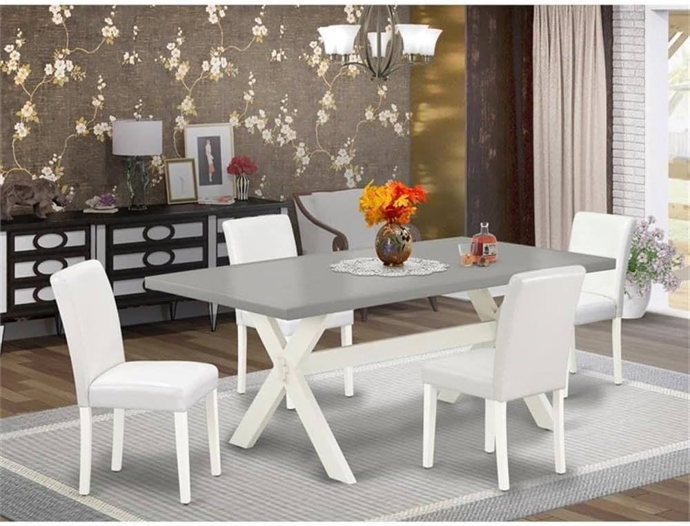 East West Furniture X097AB264-5 5 Piece Dining Room Furniture Set Includes a Rectangle Dining Table with X-Legs and 4 White Faux Leather Upholstered Chairs, 40x72 Inch, Multi-Color