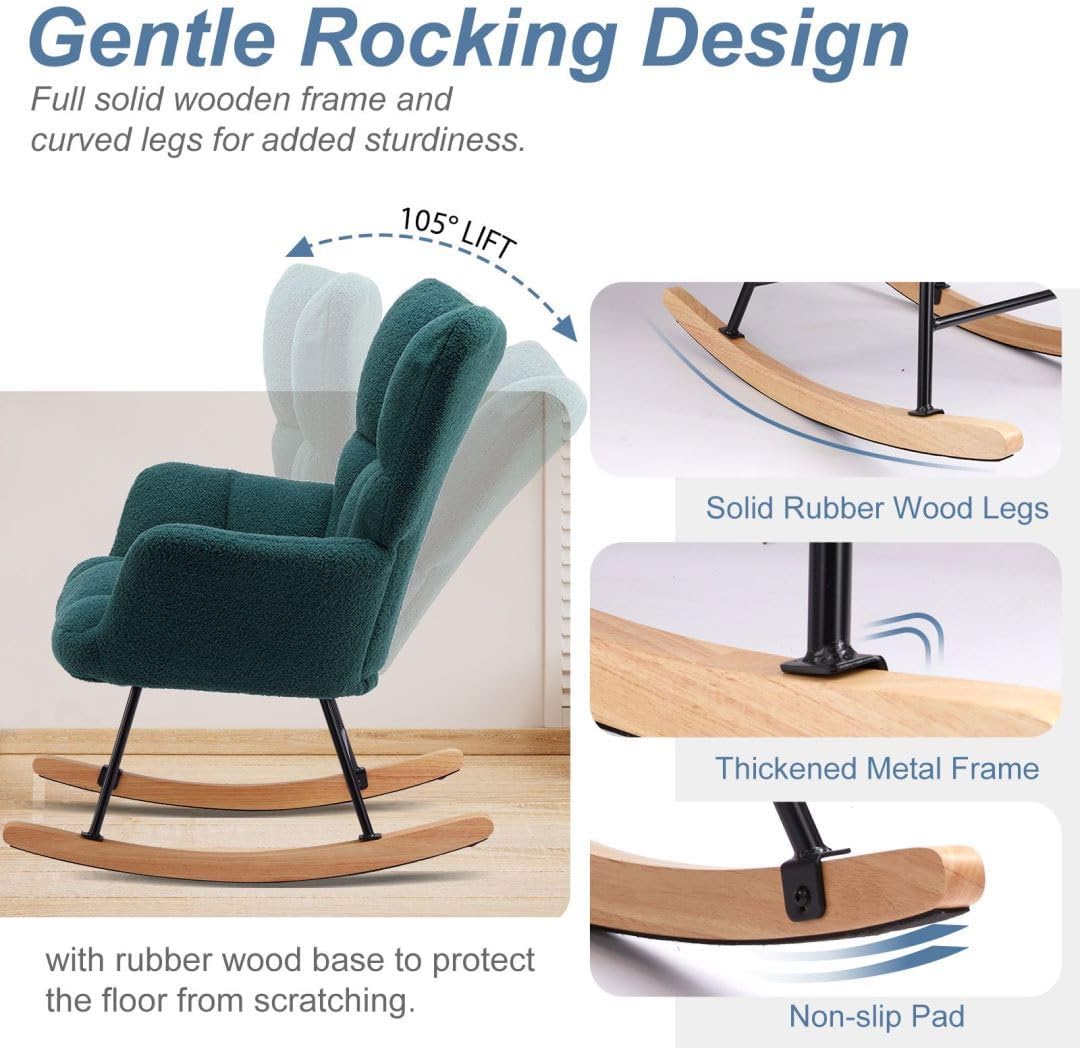 Nursery Rocking Chair, Boho Accent Ottoman, Teddy Upholstered Glider Rocker with High Backrest, Recliner Function and Foot Rest for Living Room, Small Spaces, Bedroom, Green